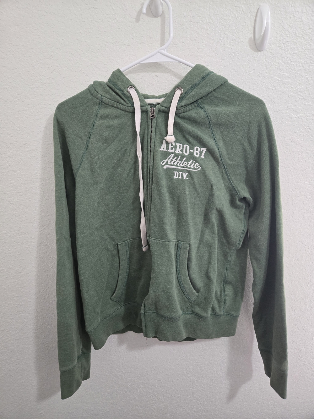 Aeropostale Olive Green Zip Hoodie with White Drawstrings